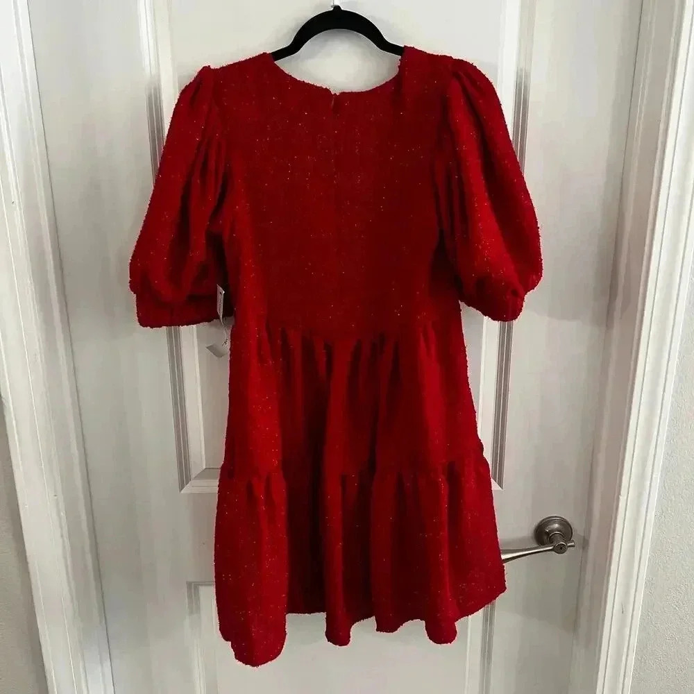 NWT Sister Jane Carina Red Tweed Mini Dress Size Medium Puff Sleeve Tiered - Picture 9 of 9